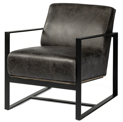 32x24.5 Black Leather Wood & Iron Back Accent Chair