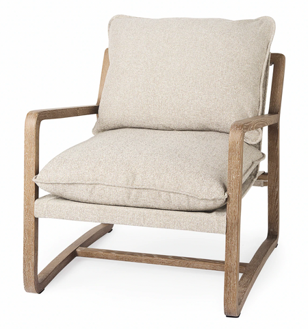 34x28 Beige Fabric Wood Accent Chair
