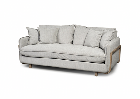 84" Light Grey Sofa W/ Natural Wood Trim