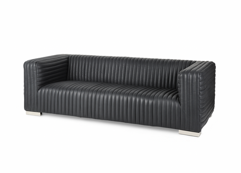 85.5" Black Channeled Leather Sofa